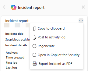 Screenshot der zusätzlichen Aktionen in den Ergebnissen des Incidentberichts Karte.