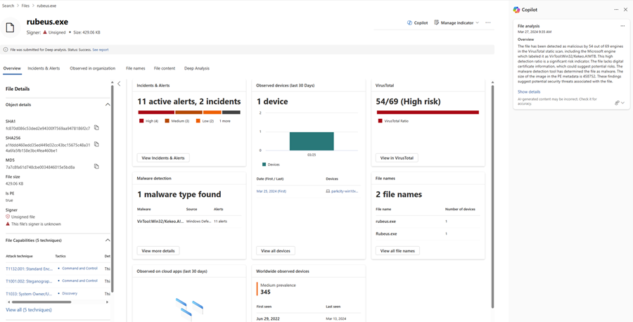 Screenshot der Ergebnisse der Dateianalyse in Copilot in Defender mit hervorgehobener Option 