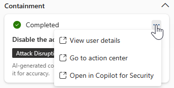 Screenshot, der die Optionen zeigt, die Benutzern in einer Automatisierungsantwortkarte im Copilot-Bereich in Microsoft Defender XDR zur Verfügung stehen.