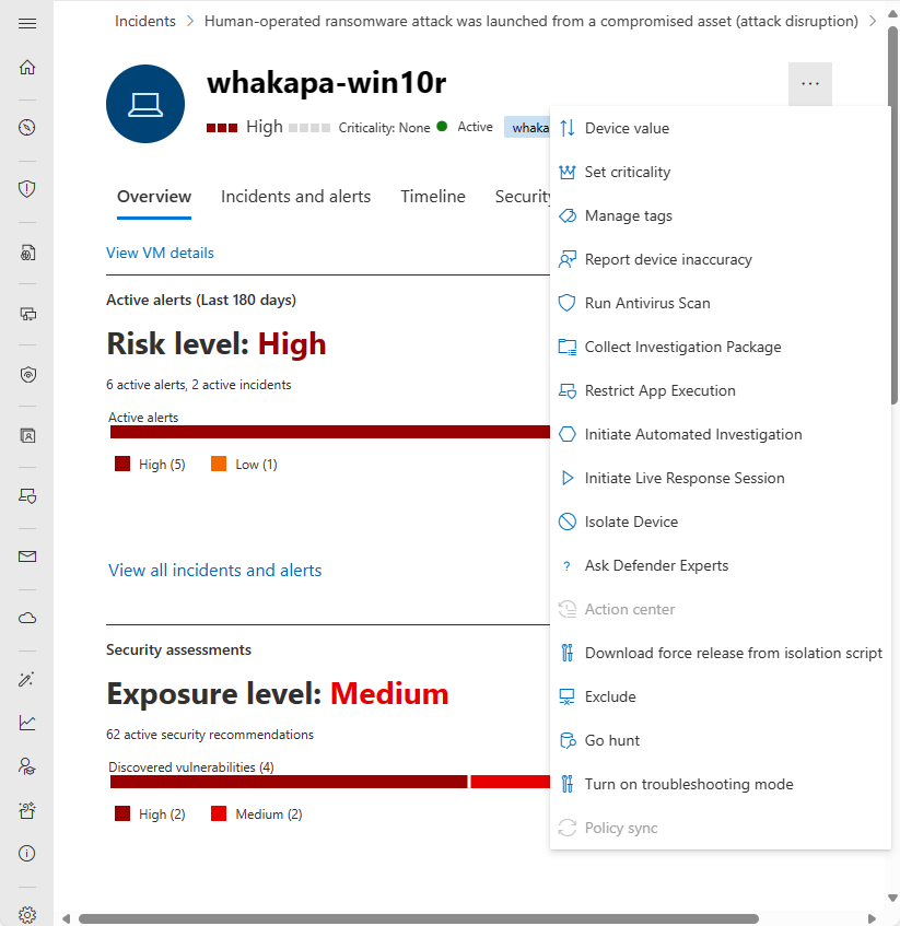 Screenshot der Aktionsleiste für die Geräteentitätsseite im Microsoft Defender-Portal.