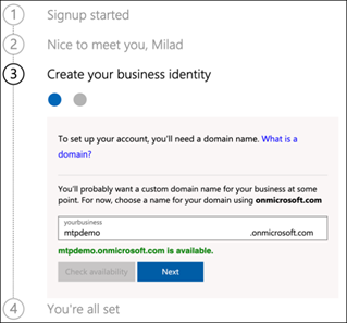 Setupseite für die Office 365 E5-Testregistrierung, auf der Sie Ihren benutzerdefinierten Domänennamen einrichten können