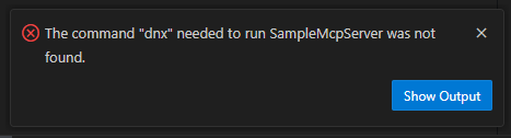 Screenshot des fehlenden dnx-Befehls in VS Code.