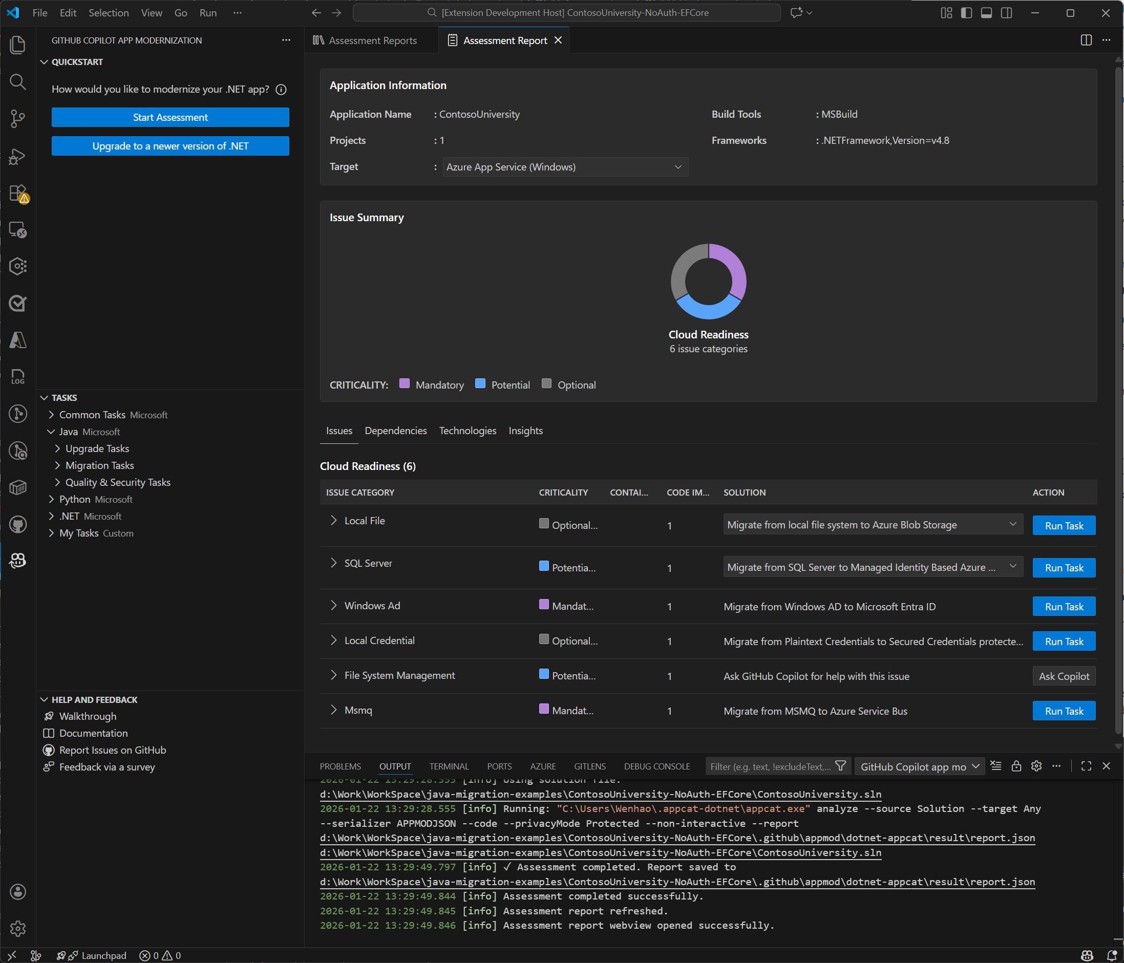Screenshot von der UI-Seite zum Ausführen eines Bewertungsberichts und einer Liste von Migrationsaufgaben.