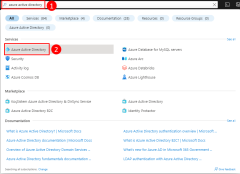 Screenshot: Verwenden der oberen Suchleiste im Azure-Portal, um nach der Azure Active Directory-Seite zu suchen und zu dieser zu navigieren.