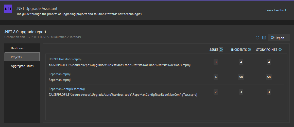 Die Ergebnisse der Analyse des .NET-Upgrade-Assistenten, die auf der Seite 