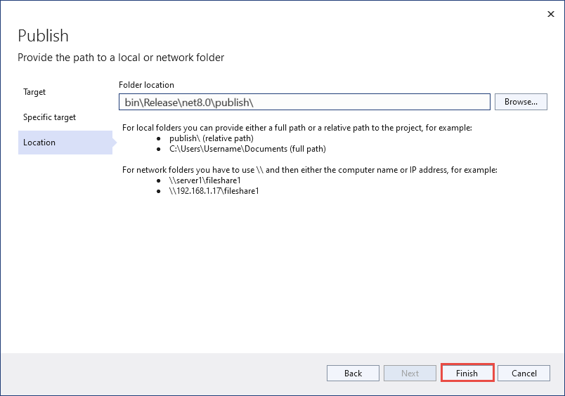 Registerkarte „Speicherort“ der Seite „Veröffentlichen“ von Visual Studio