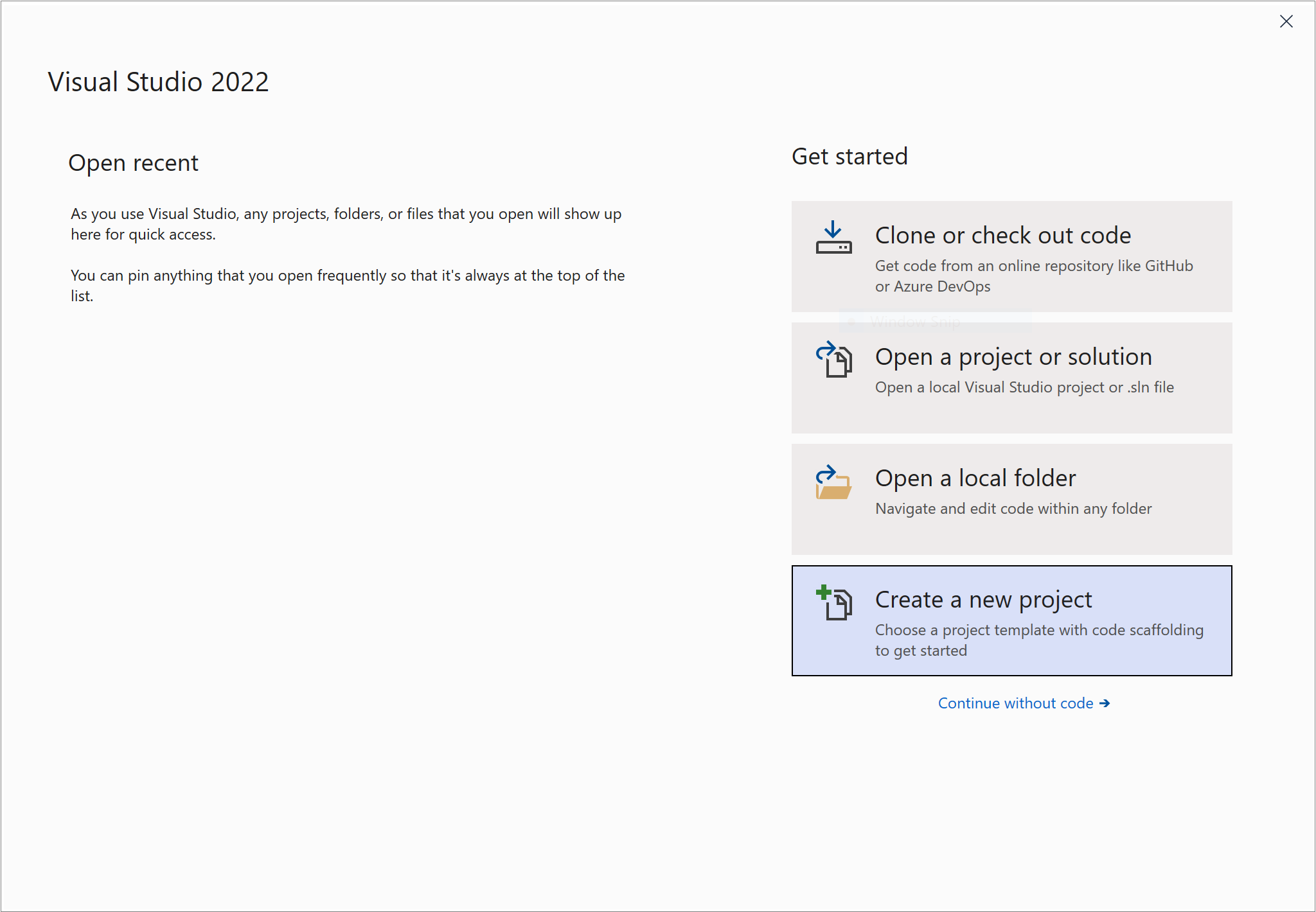 Schaltfläche „Neues Projekt erstellen“, die auf der Visual Studio-Startseite ausgewählt ist