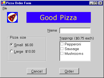 Pizzabestellformular mit einem Textfeld für den Namen und Auswahlmöglichkeiten für Größe und Belag