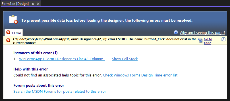Eine Designer-Fehlerregisterkarte in Visual Studio, die besagt, dass das Ereignis für eine Schaltfläche fehlt.
