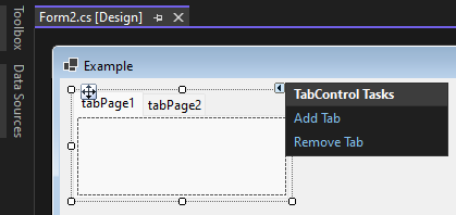 Der Windows Forms-Designer in Visual Studio mit gedrückter Smarttag-Schaltfläche eines Registerkartensteuerelements, wodurch eine Liste der Aktionen angezeigt wird.