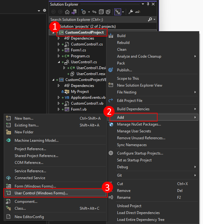 Klicken Sie mit der rechten Maustaste auf den Visual Studio-Projektmappen-Explorer, um einem Windows Forms-Projekt ein Benutzersteuerelement hinzuzufügen.