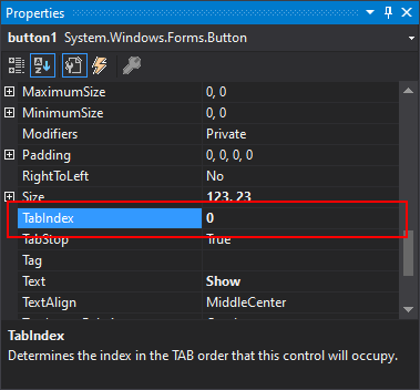 Visual Studio Properties pane for .NET Windows Forms with TabIndex property shown.