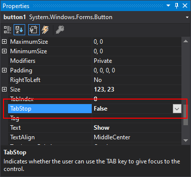 Visual Studio Properties pane for .NET Windows Forms with TabStop property shown.