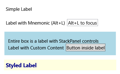 Screenshot von Label-Steuerelementen, die in verschiedenen Varianten angezeigt werden.