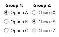Beispiel für RadioButton-Steuerelemente mit typischen Optionsfeldzuständen
