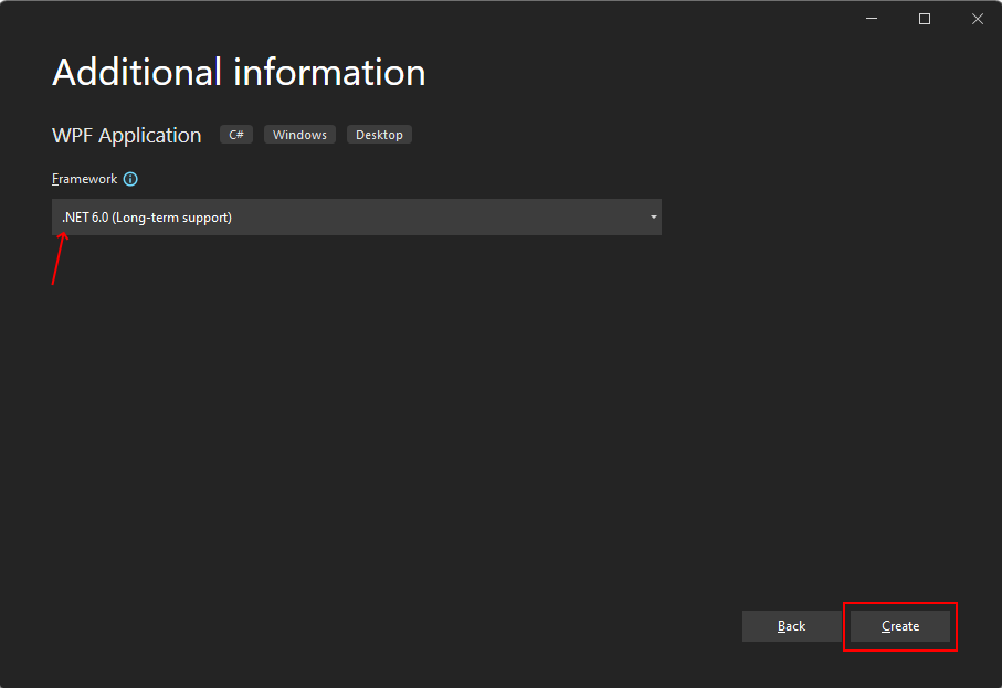 Auswählen des Zielframeworks für neues WPF-Projekt in Visual Studio&nbsp;2022 für .NET&nbsp;6