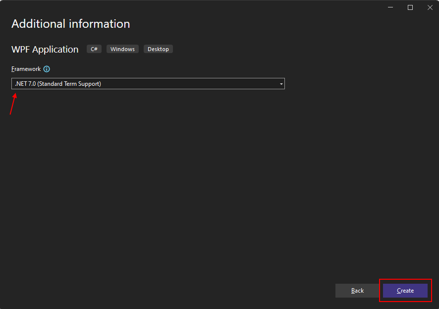 Auswählen des Zielframeworks für neues WPF-Projekt in Visual Studio&nbsp;2022 für .NET&nbsp;7