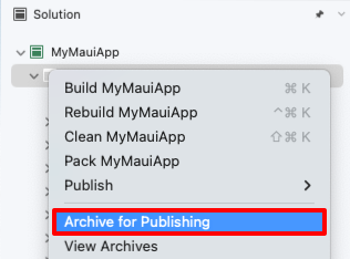 Wählen Sie das Archivmenüelement in Visual Studio für Mac aus.