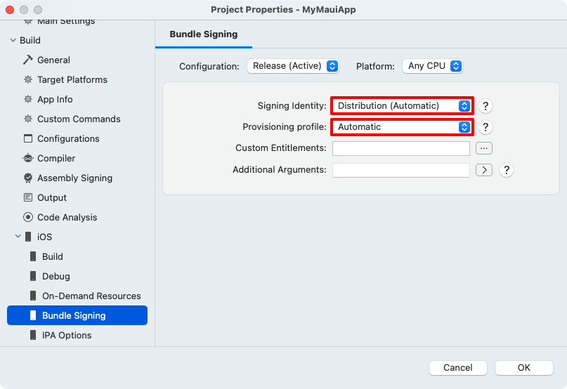 Screenshot of bundle signing tab for iOS in Visual Studio for Mac.