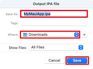 Screenshot des Speicherns einer IPA-Datei mit Ad-hoc-Verteilung.