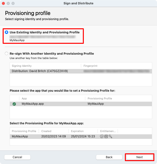 Screenshot of selecting a signing identity in the distribution dialog.