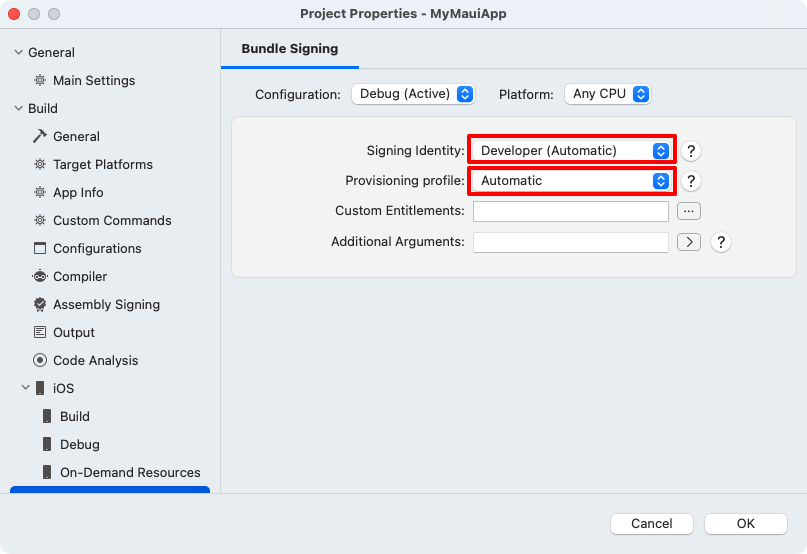 Screenshot of bundle signing options in Visual Studio for Mac.