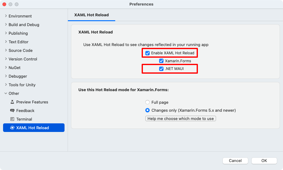 XAML Hot Reload-Optionen für .NET MAUI in Visual Studio für Mac