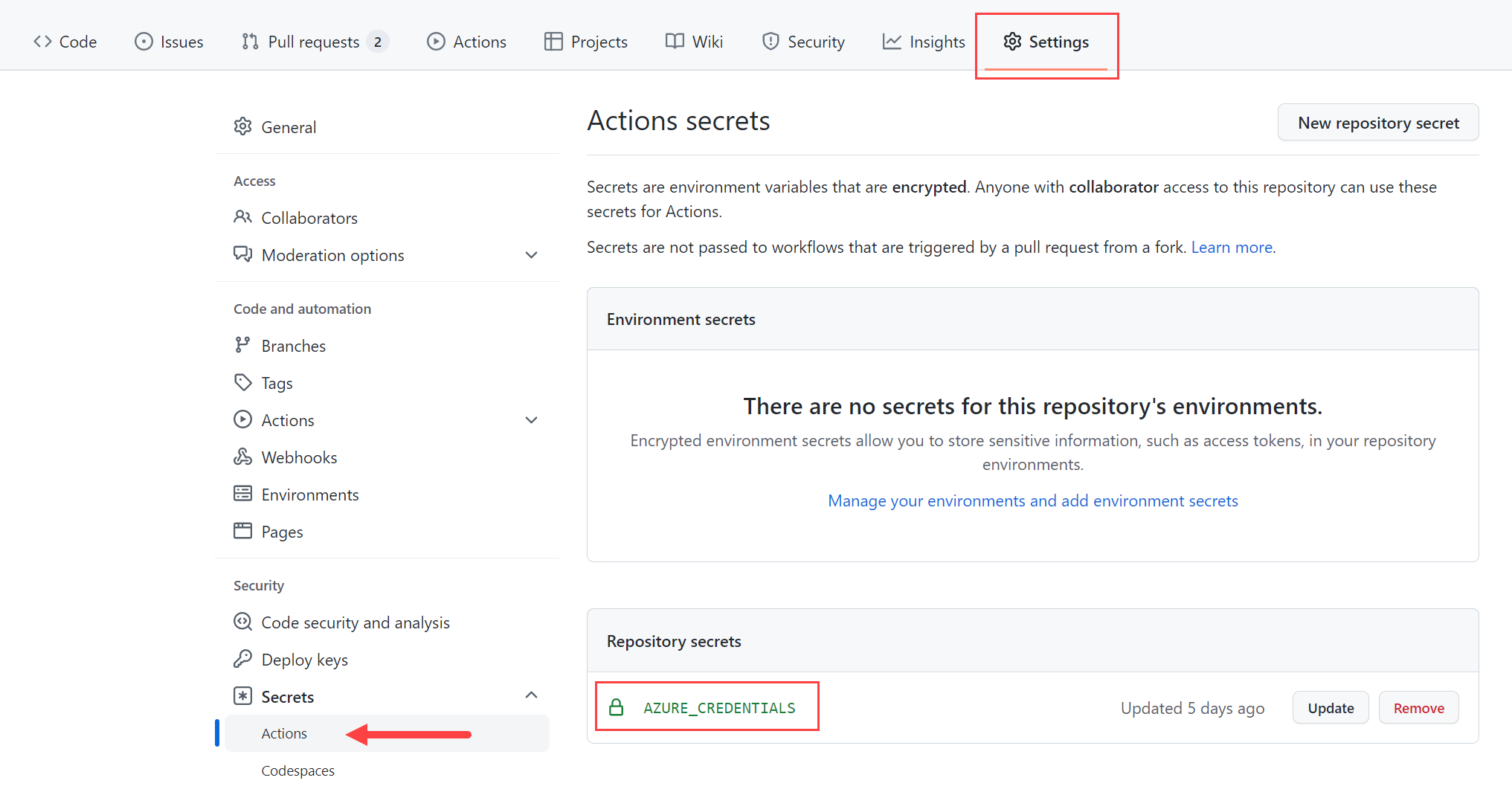 GitHub-Repository: Einstellungen Geheime Schlüssel >