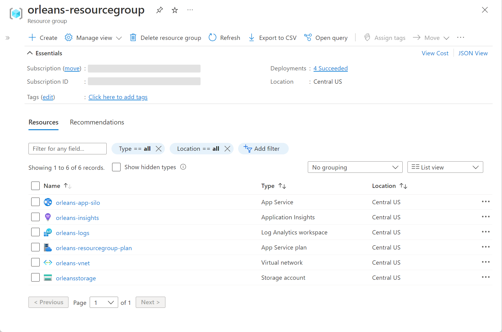 Azure Portal: Orleans Einkaufswagen-Beispiel-App-Ressourcen.