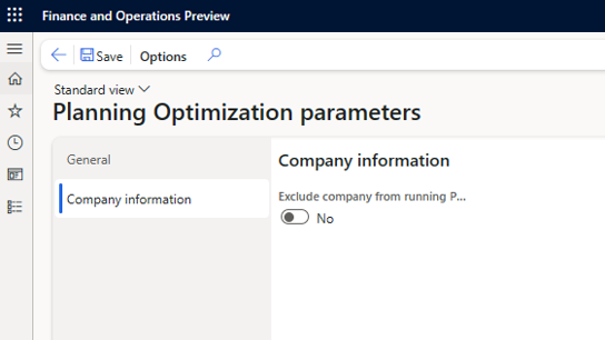 Screenshot mit der Option zum Ausschließen des Unternehmens von der Ausführung des Planungsoptimierungsparameters