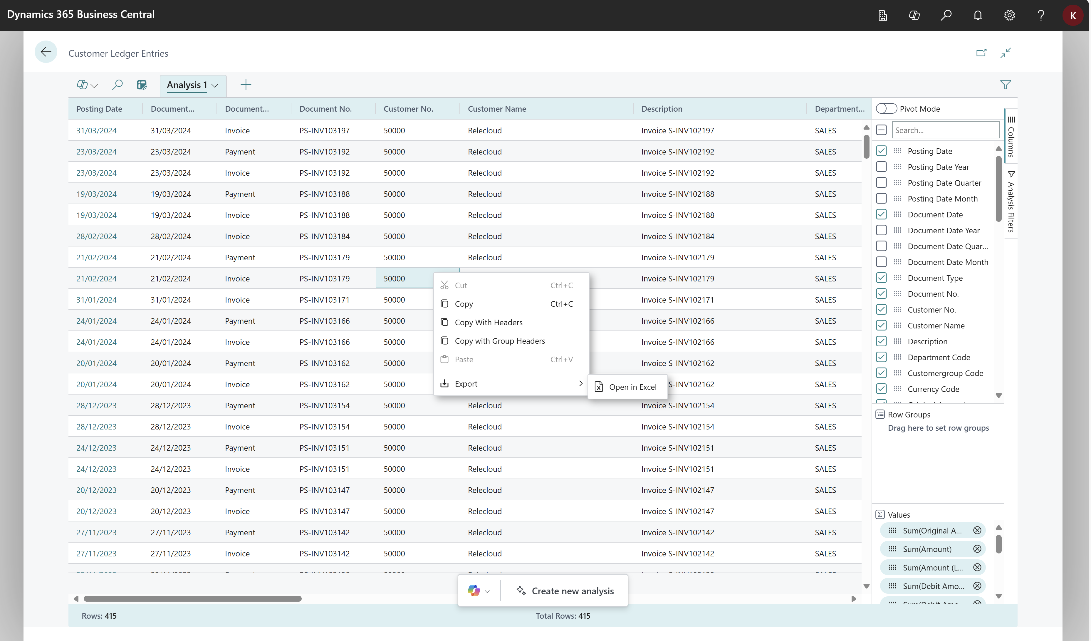 Screenshot zum Exportieren von Daten aus einer Analyse nach Excel