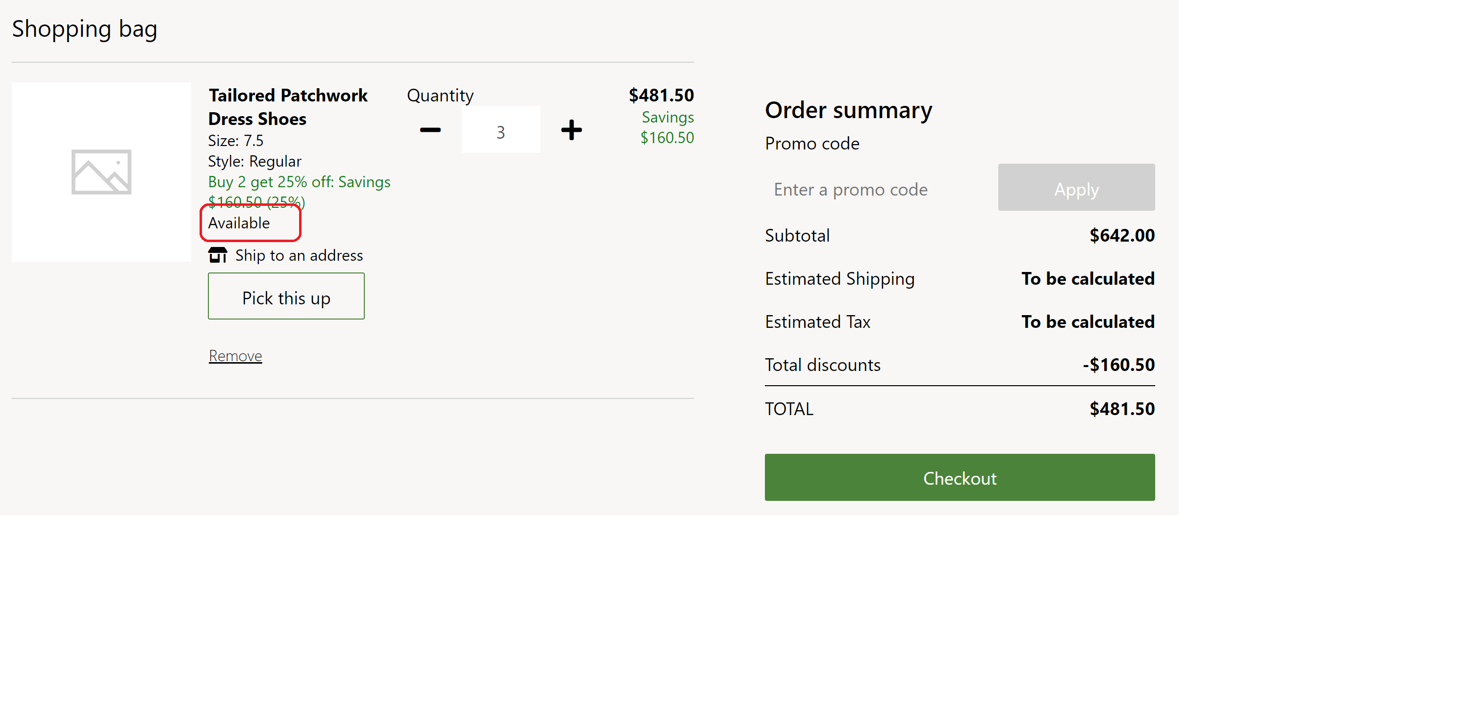 Screenshot eines Einkaufswagenmoduls mit einer In-Stock-Nachricht.