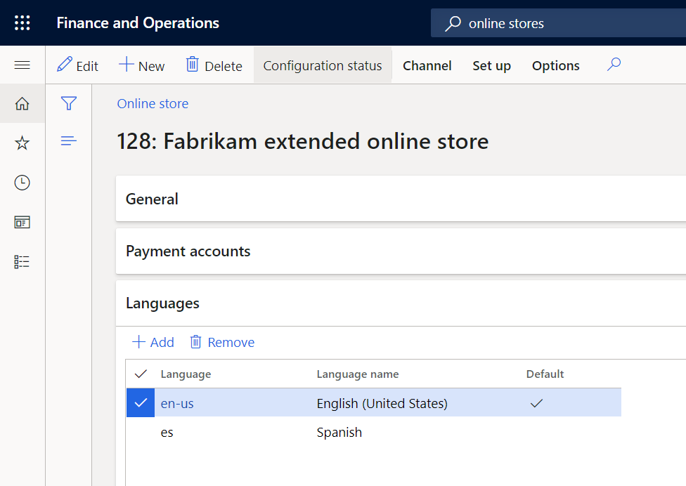 Inforegister „Sprachen“ eines Onlineshops in Commerce headquarters