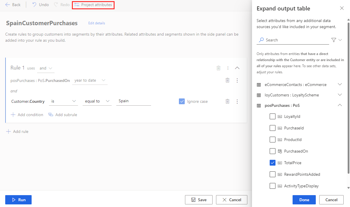 Beispiel für projizierte Attribute, die im Seitenbereich ausgewählt wurden, die der Ausgabetabelle hinzugefügt werden sollen.