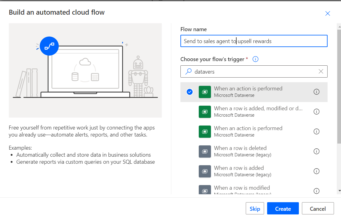 Screenshot des Erstellens eines neuen Power Automate-Flusses.