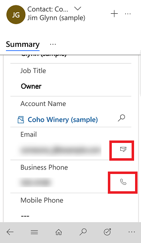 Dynamics 365 für Smartphones und Tablets: Senden einer E-Mail oder Tätigen eines Anrufs.