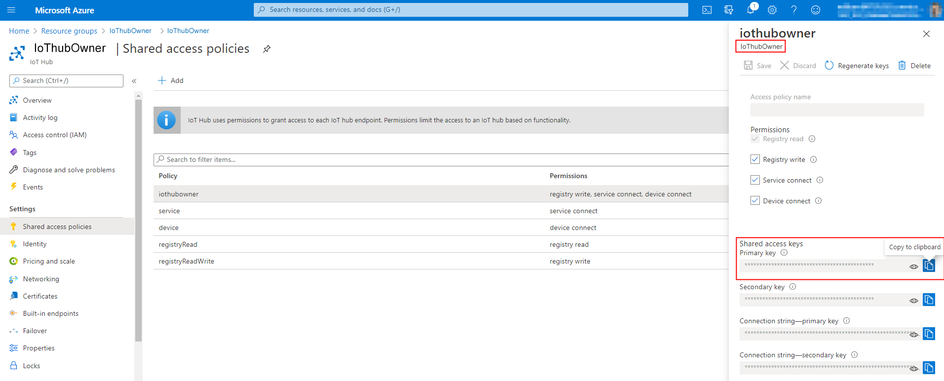 Screenshot der SAS-Richtlinie für Azure IoT Hub-Ressourcen für iothubowner, wobei der Primärschlüssel hervorgehoben ist.