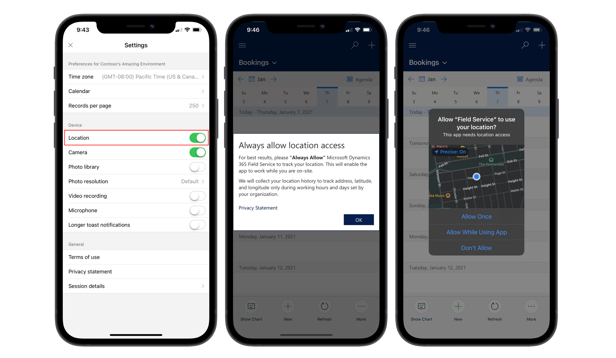 Simuliertes Gerät mit der Field Service mobilen App mit der Eingabeaufforderung Field Service darf Ihren Standort verwenden.