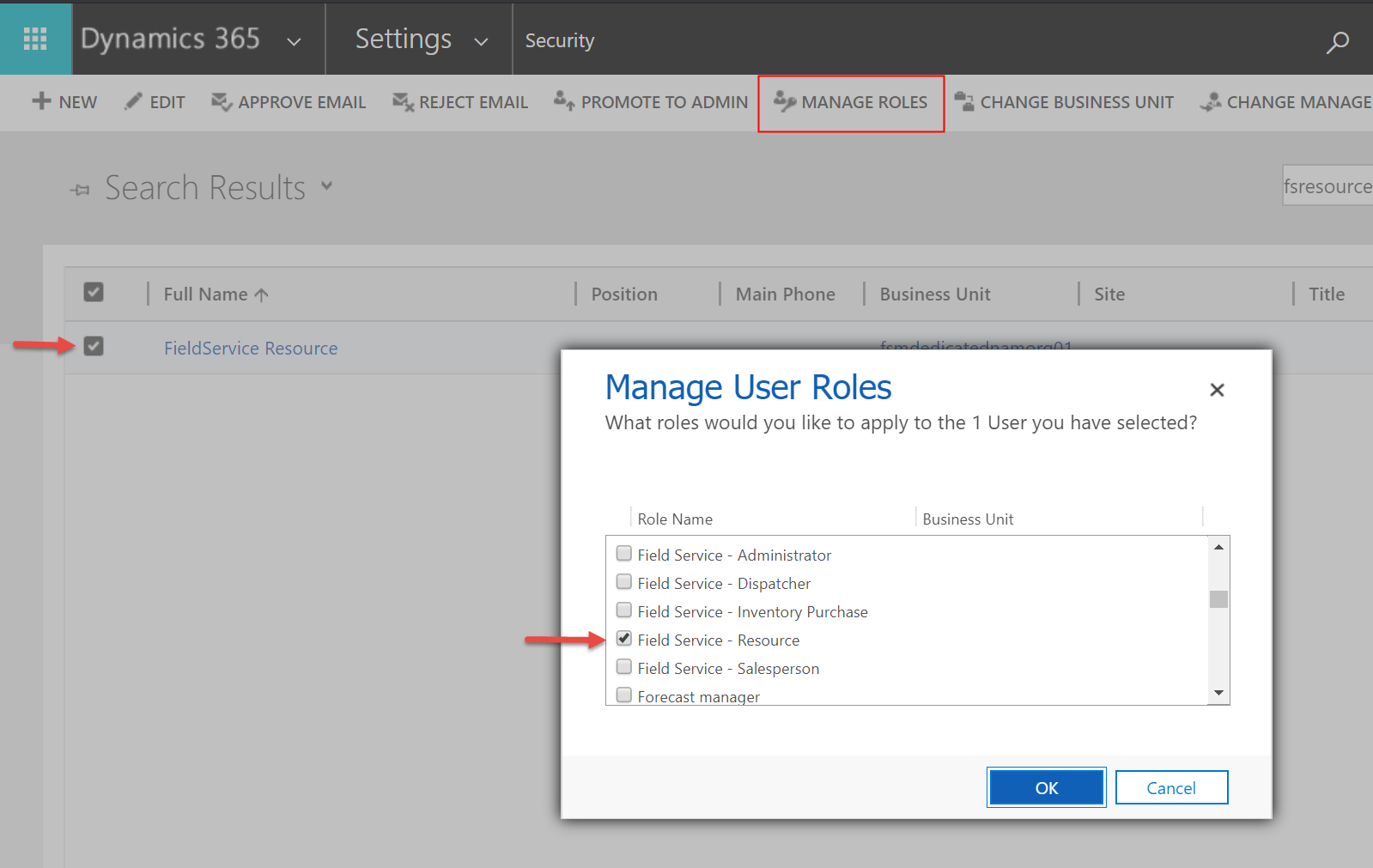 Der Dialog Benutzerrollen verwalten in Dynamics 365.