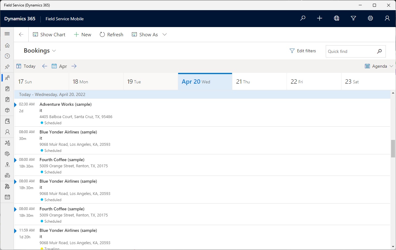 Buchungen in der Agendaansicht in der Field Service-Windows-App.