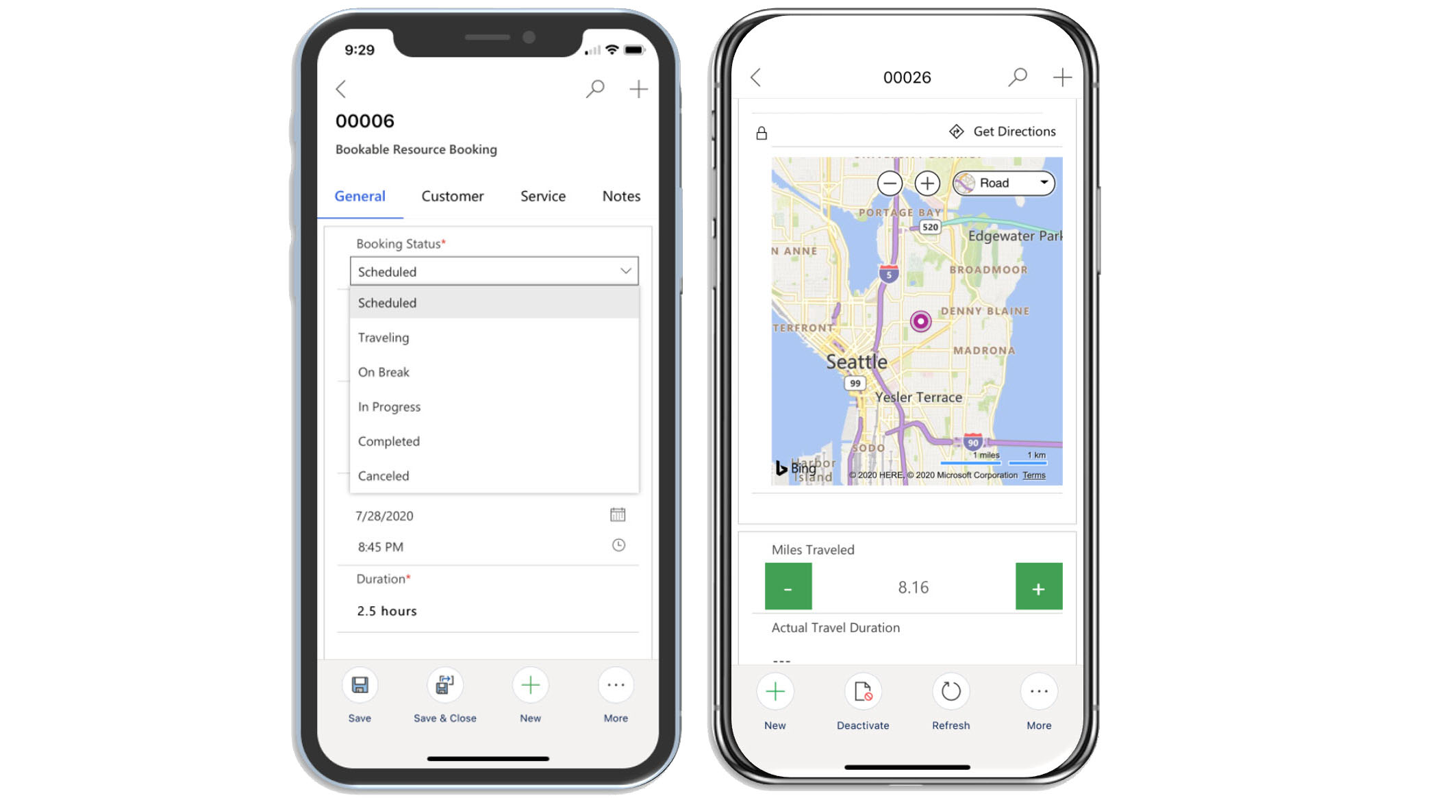 Renderings von zwei mobilen Geräten, die den Buchungsstatus und einen kartierten Arbeitsort in der Field Service Mobile-App zeigen.