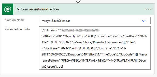 Power Automate-Aufruf der msdyn_SaveCalendar-Aktion.