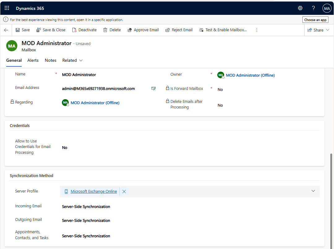 Screenshot der Bearbeitung eines Postfachs über das Power Platform Admin Center.