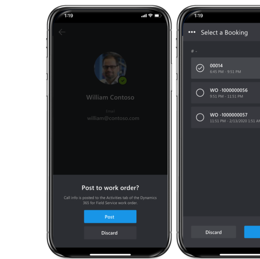 Screenshot von Dynamics 365 Remote Assist auf einem mobilen Gerät mit der Option, eine Buchung zum Posten auszuwählen.