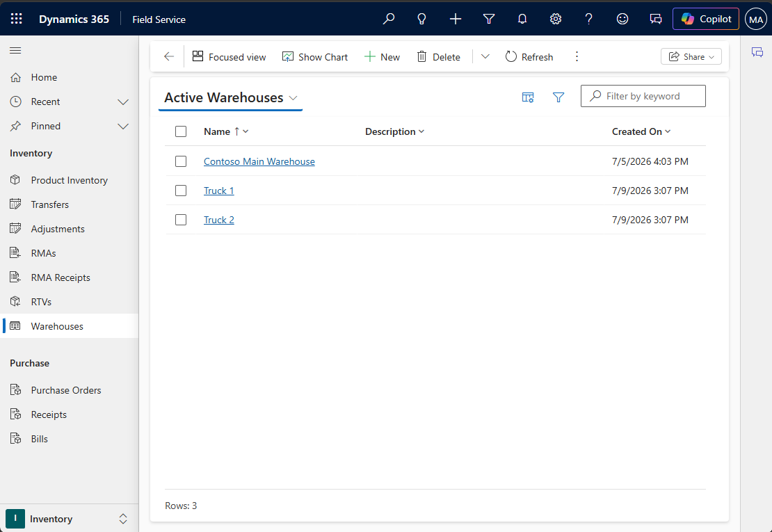 Screenshot der Ansicht „Aktive Lager“ mit einer Liste der Lager in Field Service.