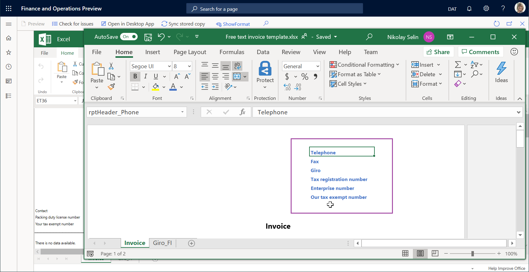 Ändern der Schriftfarbe in der Kopfzeile der Arbeitsvorlage mit der Desktop-Excel-Anwendung.