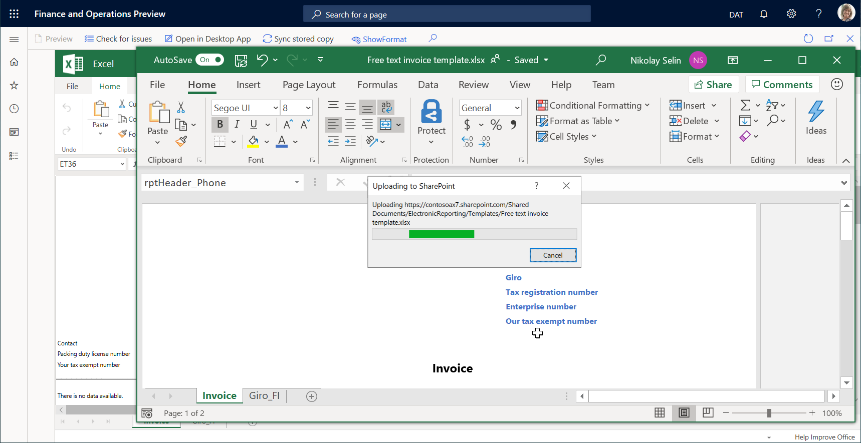 Speichern der Änderungen an der Vorlagen-Editor-Seite der Geschäftsdokumentverwaltung mithilfe der Desktop-Excel-Anwendung.