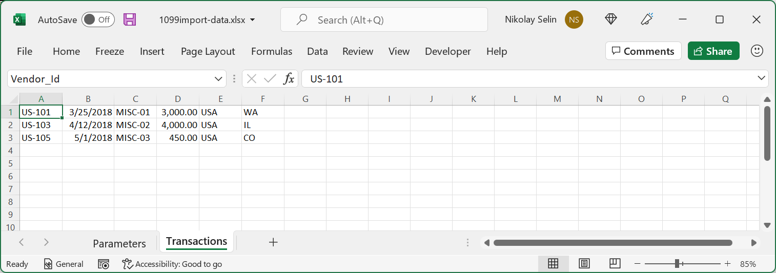 Excel-Beispieldatei mit Daten für den Import im Batch-Modus.