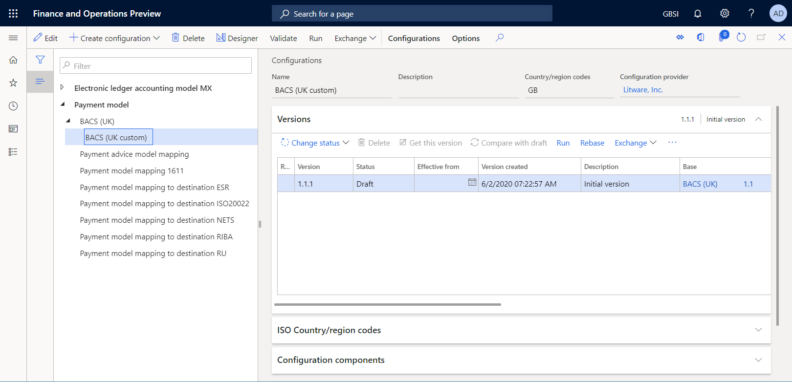 Konfigurationsseite mit Version 1.1.1 der EB-Formatkonfiguration BACS (UK, benutzerdefiniert).