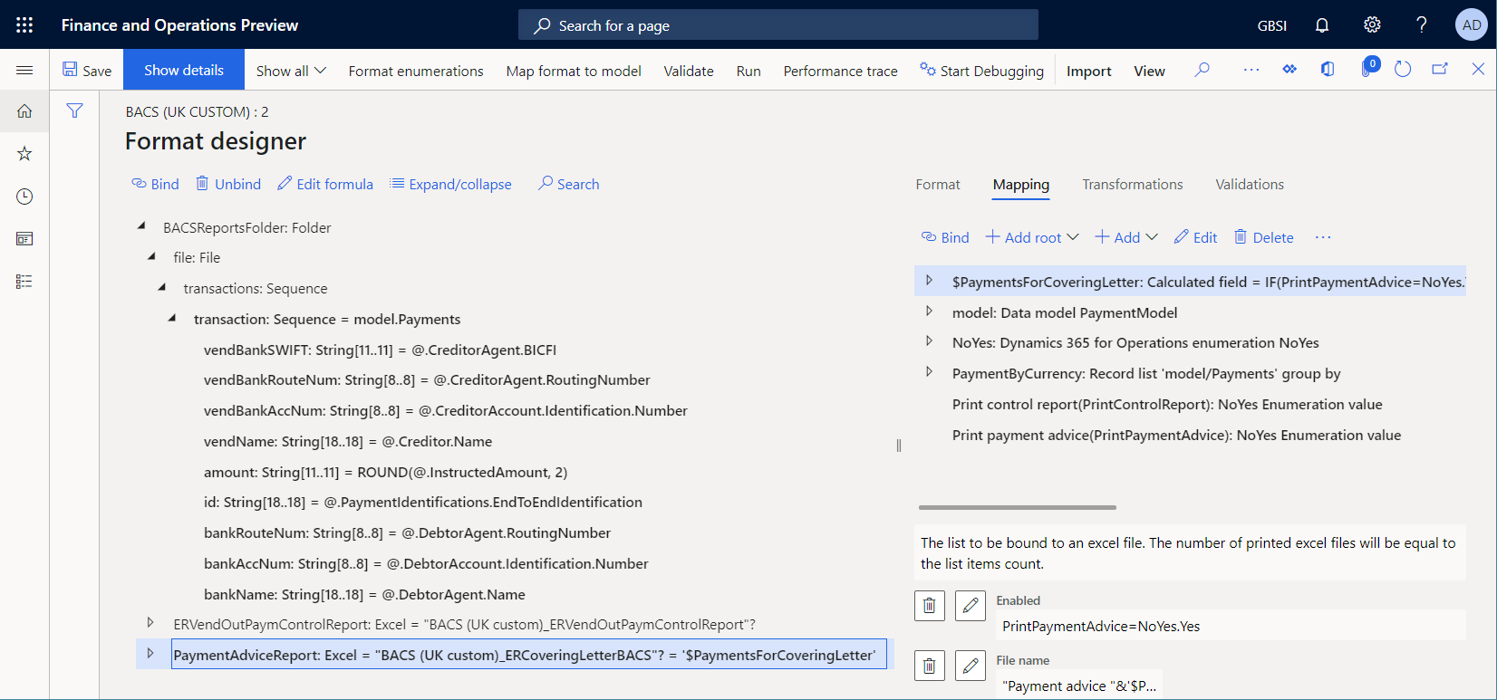 Zusammengeführtes Format im EB Operation Designer.